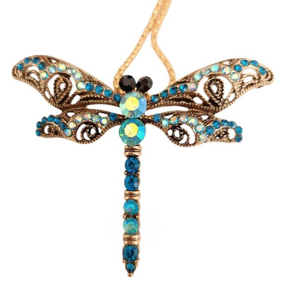 BETSEY JOHNSON Dragonfly bling statement chain crystal necklace gold blue NEW